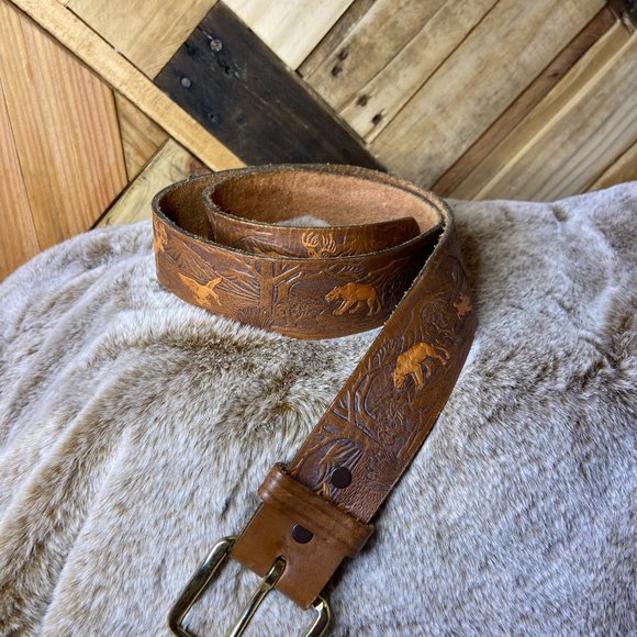 Brown Leather Belt w/ Carved Wildlife Scene | 34 - Picture 7 of 7
